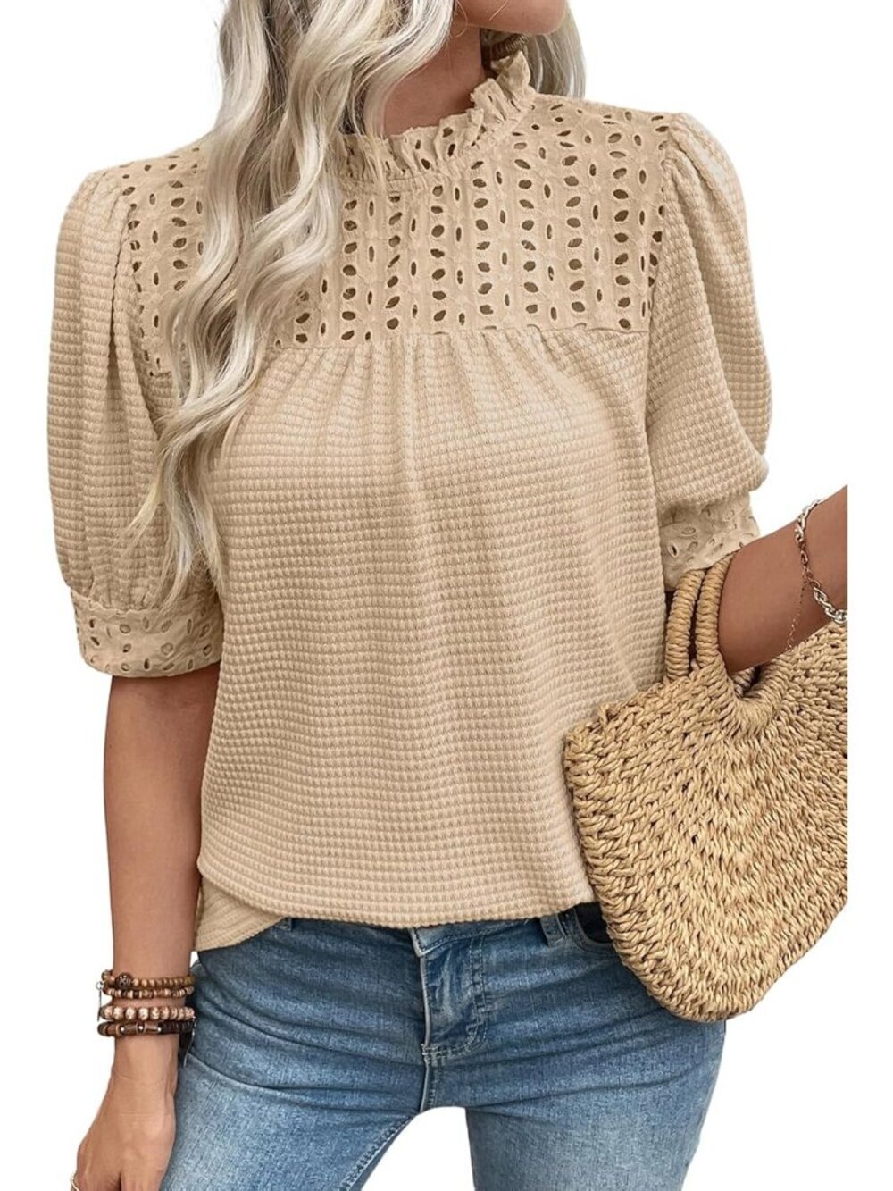 Womens Tops Blouses for Women Dressy Casual Waffle Frill Trim Eyelet Embroidery